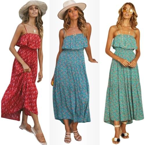 Streetwear Print Sleeveless New Fashion Bohemian Women Dress Ruffles Spaghetti Strap Sexy Harajuku Vestido De Festa