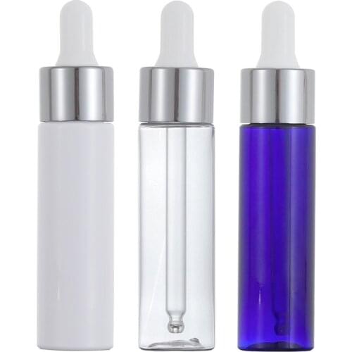 30ML Empty Essential Oil Bottle Silver Gold Lid White Top Blue/Clear Plastic Cosmetic Packaging Container Dropper Viial 50pieces