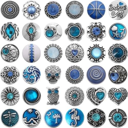 6pcs/lot 18mm Snap Jewelry Button Blue Round 18mm Metal Snap Buttons Fit Snap Button Bracelet