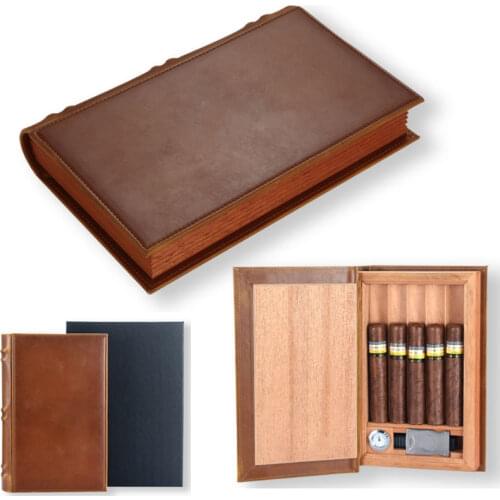 Cedar Wood Travel Cigar Humidor Box Portable Leather Cigar Case With Cigar Cutter Humidifier Hygrometer Book Design