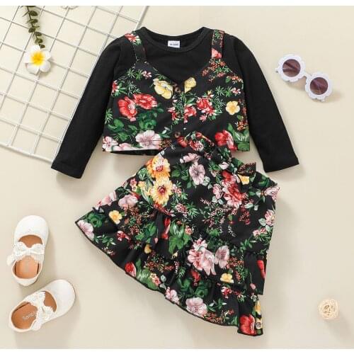 FOCUSNORM 1-6Y Lovely Kids Girls 2pcs Clothes Sets Flowers Printed Long Sleeve T Shirts Tops Bow A-Line Skirts