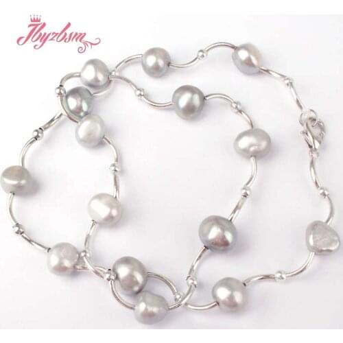 6-8mm Freeform Gray Pearl Natural Stone Beads Bend White Silver Plate Fashion Finished Necklace 16" Wholesale Free Shipping