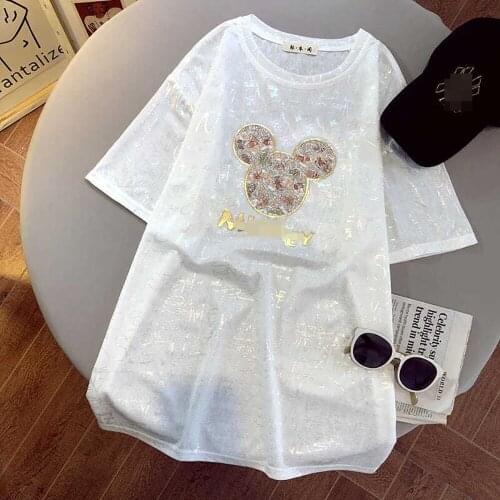 Hot style summer sequins printed letter cartoon short sleeve T-shirt thin comfortable loose - fitting pullover top