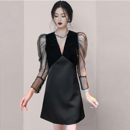 JSXDHK 2021 New Runway Summer A Line Dress Elegant Women Mesh Patchwork Puff Sleeve Ladies See Through Black Stand Collar Dress