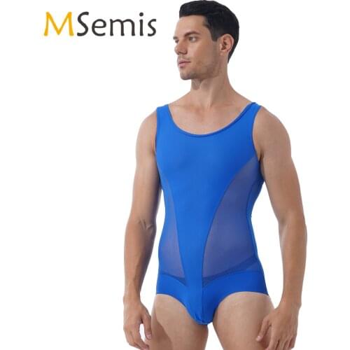 Swimwear Mens Lingerie Bulge Pouch Leatord Bodysuit Swimsuit One-piece Sport Sleeveless Sheer Mesh Patchwork Wrestling Bodysuit
