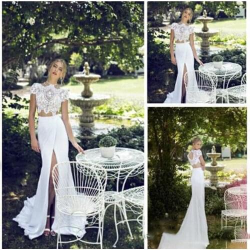 2017 Summer Chiffon Beach Wedding Dresses Mermaid High Neck Lace Bodice Two Piece White Front Slit Backless Bridal Gowns