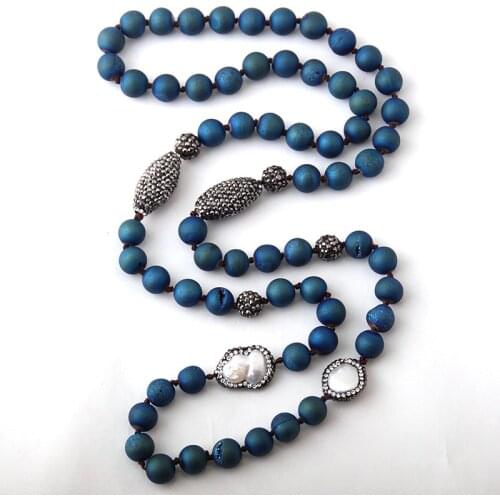 Fashion Blue Druzy Beads Knotted Halsband Handmake Paved Natural Stone and Pearl Beads Necklace