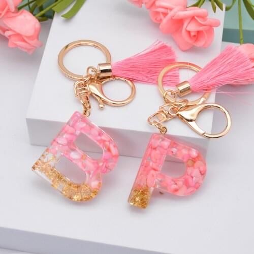 Fashion 26 Letters Resin Keychains for Women Gold Foil Bag Pendant Charms Handbag Accessories Tassel Key Rings