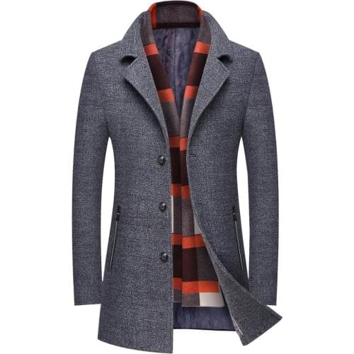 Mens Slim Fit Winter Warm Woolen Blend windbreaker pure color Coat Business pocket Jacket Free Detachable Soft Touch Wool Scarf