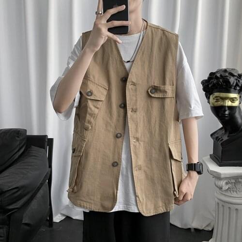 Couple tooling vest men summer loose outer wear denim Jacket trend casual multi-pocket sleeveless Waistcoat Plus Size