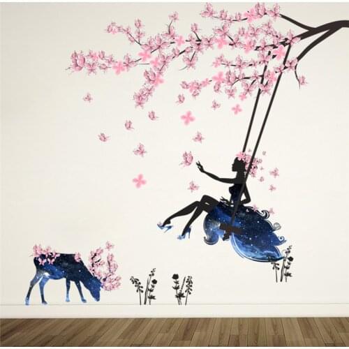 Pink Butterfly Wall Stickers Swing Girl Decals Tree Flowers Deer Wall Sticker Decorative Decor Cartoon Kids Room Poster