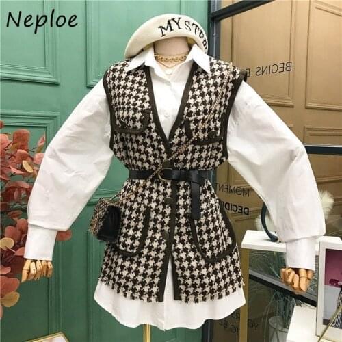 Neploe Small Fragrance Vintage 2 Pcs Women Set Turn Down Collar Long Sleeve Shirt + V Neck Sleeveless Plaid Vest Spring Suit