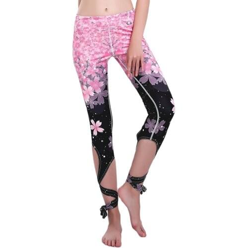 New Oriental Cherry Sports Yoga Leggings Women Pink Pants S To 3xl Plus Size Gym Yoga Bandage Straped Leggings 3 Patterns