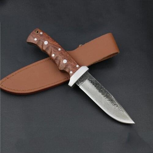 Wholesale pattern Damascus steel manual forged straight knife 62HRC hardness outdoor self-defense knife hunting