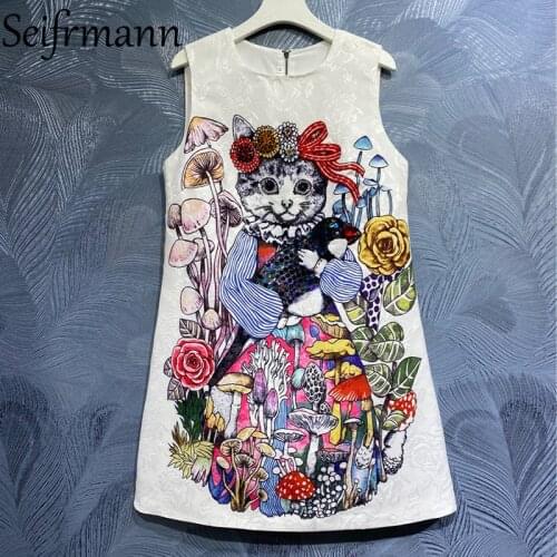 Seifrmann New 2021 Summer Women Fashion Runway Party Mini Dress Sleeveless Gorgeous Crystal Beading Vintage Print A-Line Dresses