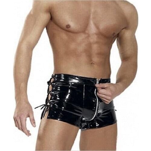 Mens Patent Leather Pants Gay Latex Underwear Men PVC Zipper Underwear Lace Up Bandage Pole Dance Clubwear Pants