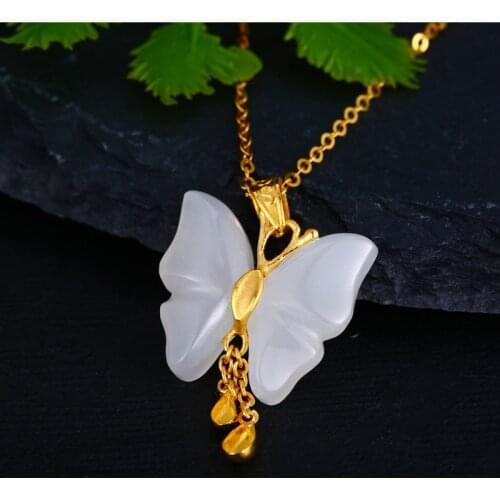 UBESTNICE Classic Genuine 18K Yellow Gold Natural White Jade Butterfly Pendant Fine Jewelry AU750 Necklaces For Women Party Gift