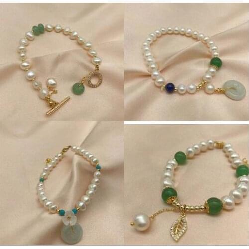 Jewelry Hand woven Lucky 100% Natural Emerald jade freshwater Pearl bracelet for women