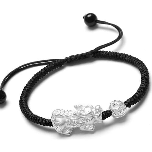 NEW 925 Sterling Silver Pixiu with Coin Ball Black Cord Knitted Bracelet 16cm Weaving Rope For Women Lover Gift