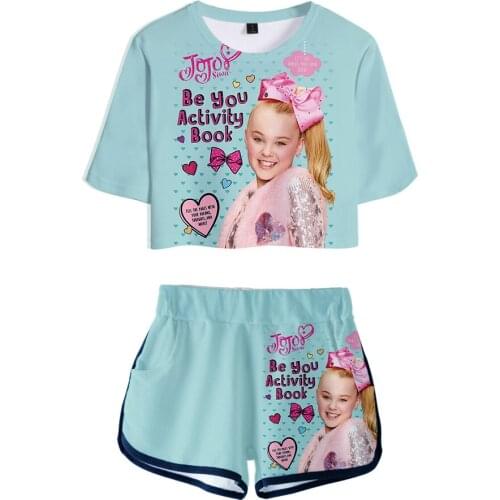 Casual 3D JOJO SIWA Womens Two Piece Sets Popular Exposed Navel t shirt and Shorts Girls Clothing Summer Cartoon Cool Suits