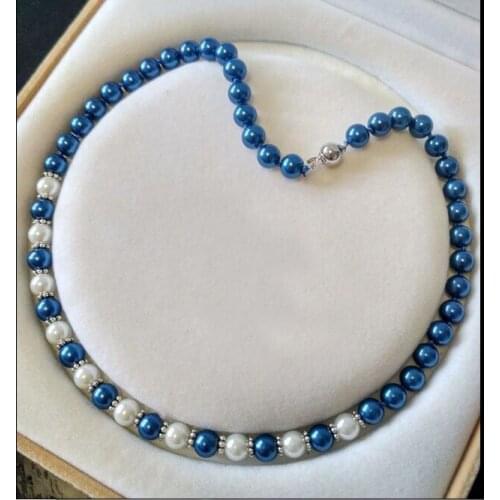 Woman classic jewelry necklace 8mm round bead white deep blue mixed Natural SOUTH SEA SHELL PEARL NECKLACE 18'' 45cm
