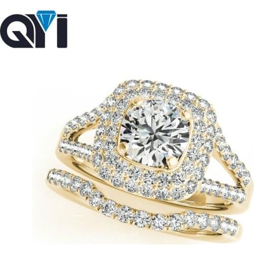 QYI Solid 14K Yellow Gold Double Halo Engagement Sets Fine Round Cut Simulated Diamond Wedding Ring For Womens Jewelry