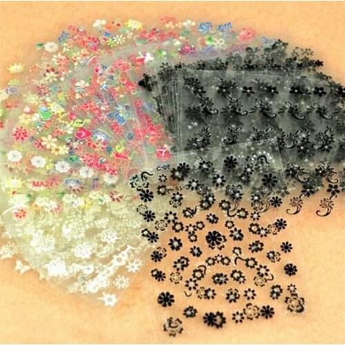 30 Sheets Random Design 3D Nail Sticker Transparent Bottom Black Flower Series Nail Sticker Decoration