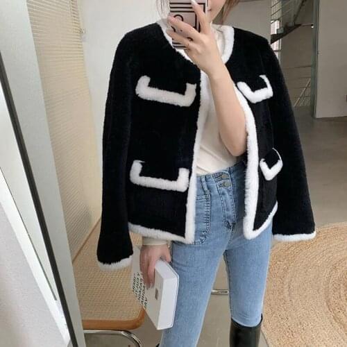 Black Faux Fur Coat Women Winter Patchwork Lambswool Warm Short Jacket O-Neck Long Sleeve Vintage Grain Fleece Cardigan Outwear