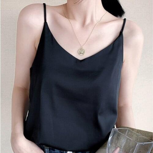 Women Vest Korean Silk Tops Women Satin V-neck Tank Woman Sleeveless Tops Sexy Office Lady Camisole Elegant Camisole