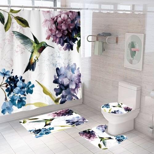 Elegant Flower Bird Shower Curtain Pink Bathroom Set Fashion Pattern Bath Curtains Non Slip Toilet Cover Floor And Mat Rug Sets