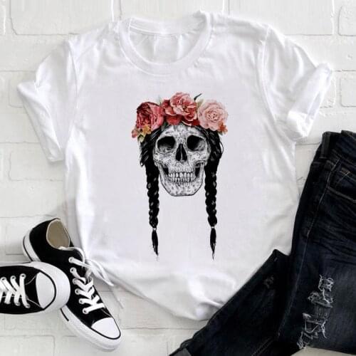 T-shirts For Women 2021 Skull Graphic T-shirt Summer Short Sleeve Femme O-neck White T-shirt Casual Top Female Plus Size 3XL