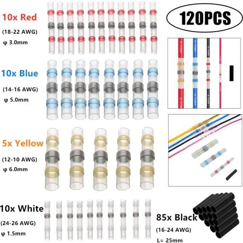 120PCS Seal Solder Sleeve Heat Shrink Wire Butt Wire Connectors Waterproof Insulated Splice Terminals Heat Shrinking Tube