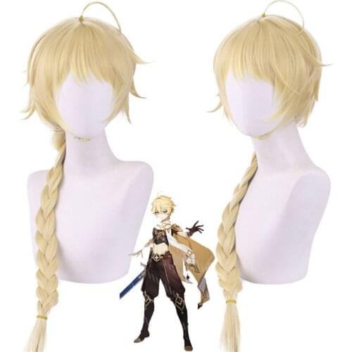 Game Genshin Impact Project Light Golden Wig Traveler Empty Boy Cosplay Wig Role Play Powder 60cm