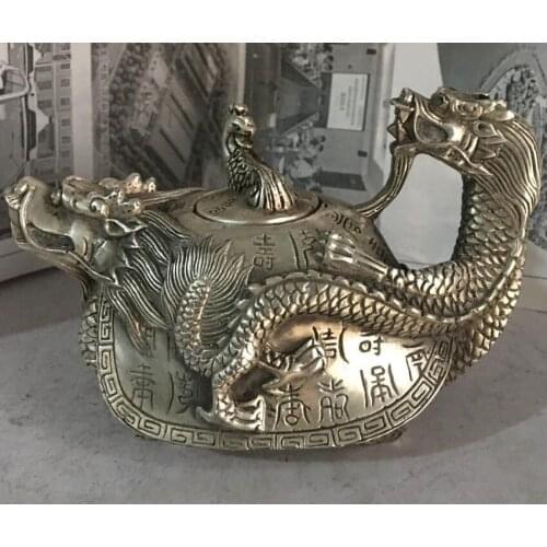 Exquisite and peculiar Tibetan silver handicraft dragon tortoise phoenix oracle bone inscription jug metal statue