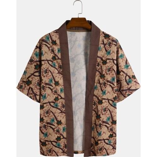 LUCLESAM Men Casual Floral Short Sleeve Cardigan Mens Loose Half Sleeve Printing Kimono ropa para hombre
