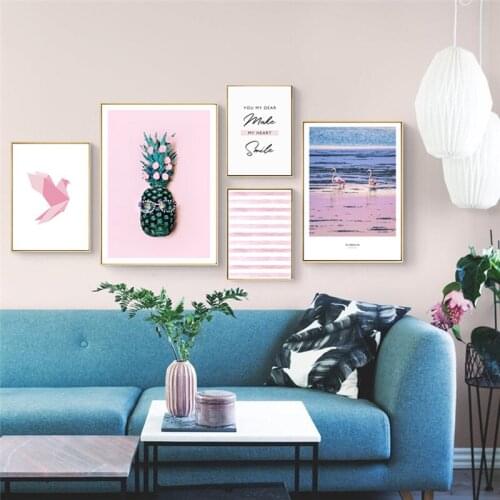 Nordic Modern Pink Art Pineapple Stork Birds Letter Picture Canvas Painting for Living Room Bedroom Wall Art Decor Poster