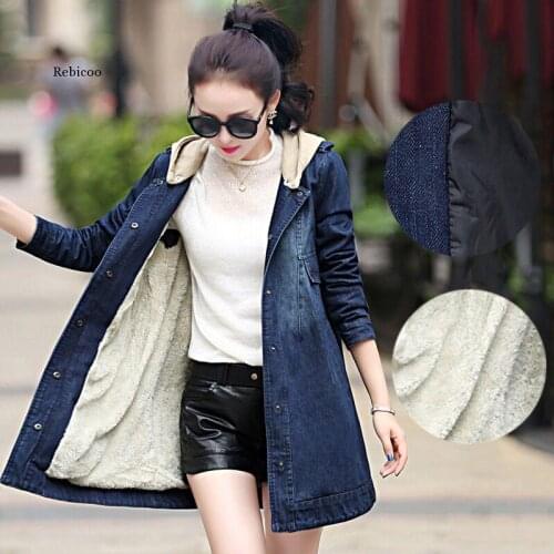 Winter Women Warm Denim Jacket Plus Size 5XL Loose Vintage Hooded Jeans Female Outwear Autumn Denim Thick Coat Casual Tops