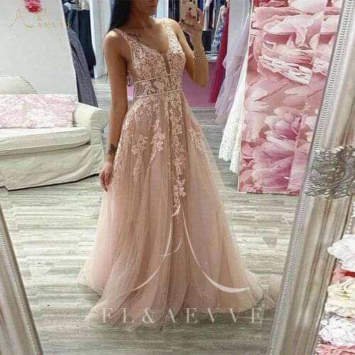 Fashion Light Pink Tulle Deep-V-neck Evening Dresses Appliques Sleeveless A-Line Prom Party Gowns Plus Size Formal Dress