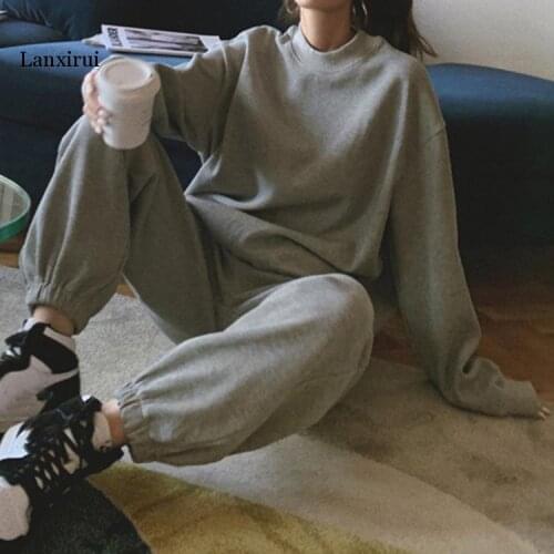 New Autumn Winter Women Sets 2 Piece Outfits Matching Pants High Elastic Waist Oversize Fashion Lady Suit