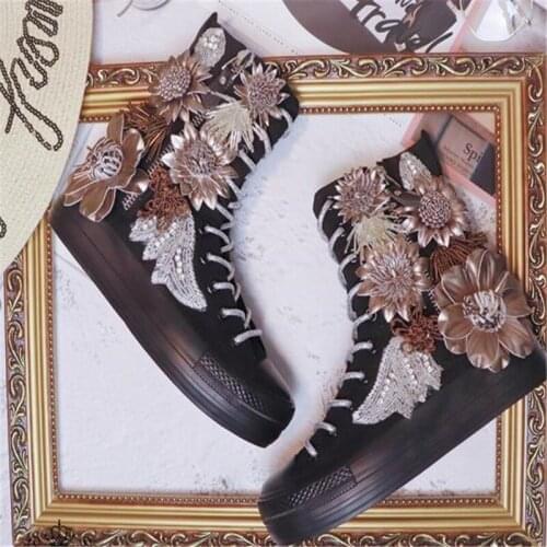 New style tassel rhinestone three-dimensional flower sneakers, retro high-top inner-increasing zipper canvas shoes