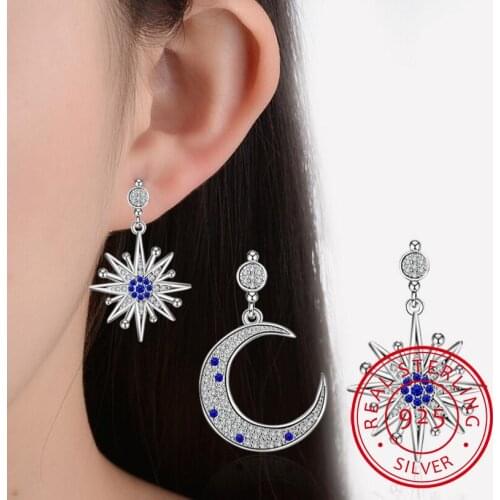 Luxury 925 Sterling Silver Earrings For Women Moon Star Micro Zirconia Asymmetric Tassel Earrings oorbellen S-E545