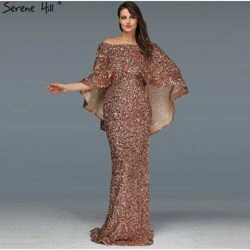 Rose Gold Sleeveless Shawl Luxury Evening Dresses 2020 Dubai Mermaid Sequined Sparkle Evening Gowns Serene Hill DLA60919
