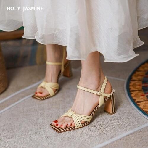 High Heels Sandals Women 2021 Summer Genuine Leather Woven Sandals Party Square Toe Buckle Shoes Female Cow Leather Shoes Lady