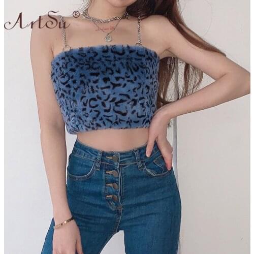 ArtSu Fashion Sexy Slash Neck Metal Chain Straps Cami Tops Harajuku Winter Leopard Print Velvet Crop Top Women Blue Streetwear