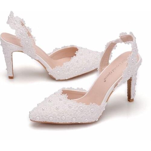 Crystal Queen Women High Heel Shoes Summer Women Sexy Lace Party Wedding Pumps Pointed Toe Thin Heels Platform Shoes lady Sanda