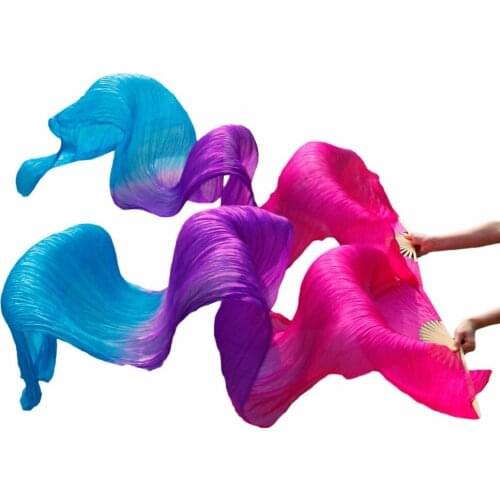 100% silk belly dance fans handmade dyed belly dance fans 180x90cm long fans belly dance accessories Rose+Purple+Turquoise Color