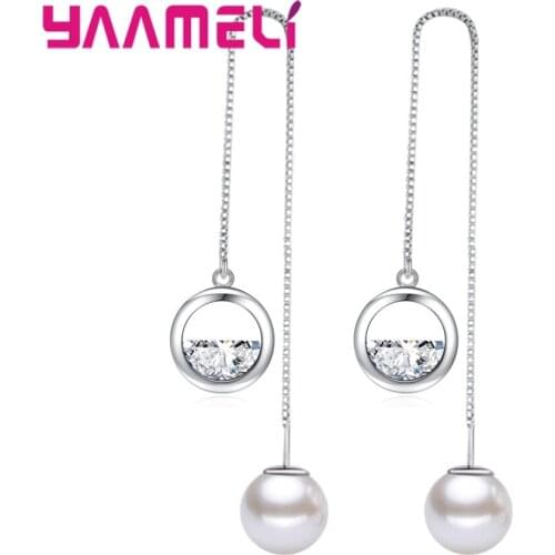Top Quality Woman Fashion 925 Sterling Silver Long Line Drop Dangle Pearl Earrings For Mothers Day/Valentines Day/Birthday