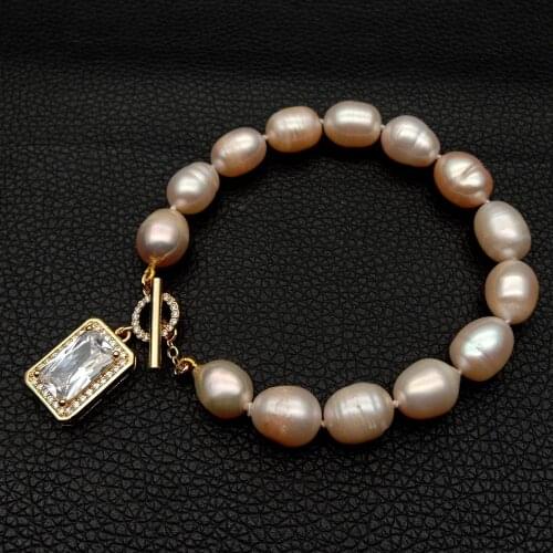 YYGEM 8'' Pink Rice Freshwater Pearl strand Bracelet Cubic Zirconia rectangle pave Toggle Clasp cute for women