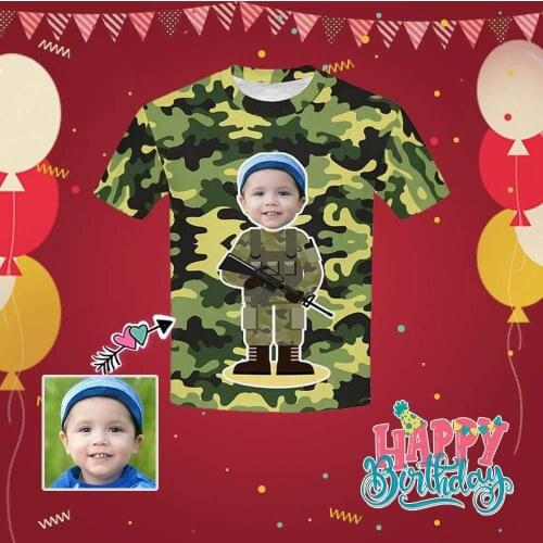 Custom Face Photo Green Camouflage Kids All Over Print T-shirt Personalized Design Summer Casual Top Unique Gift For Children