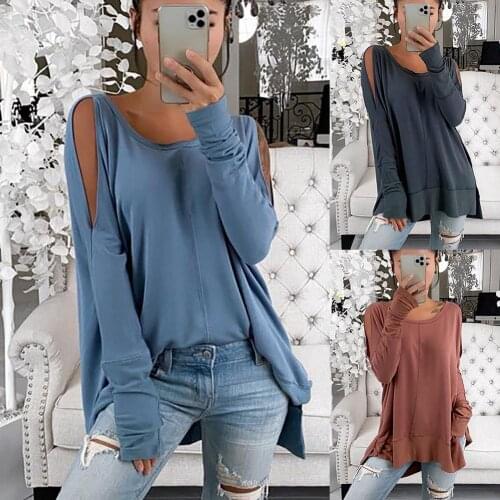 Women O Neck Long Sleeve Cold Shoulder Irregular Hem Loose Blouse Sweatshirt